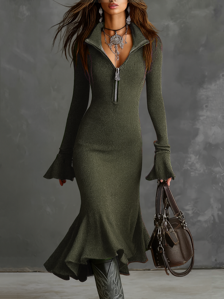 Abito Midi Tricot con Maniche a Campana e Collo con Cerniera Retro