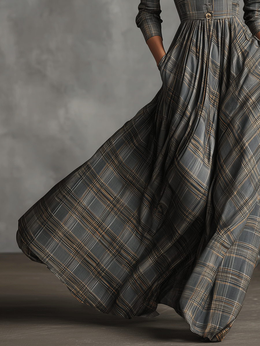 Abito Maxi Flare in Lino Mistoe Grigio con Motivo Tartan per Donna