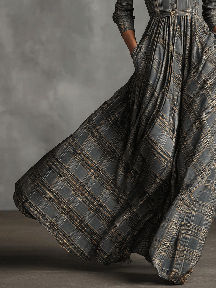 Abito Maxi Flare in Lino Mistoe Grigio con Motivo Tartan per Donna