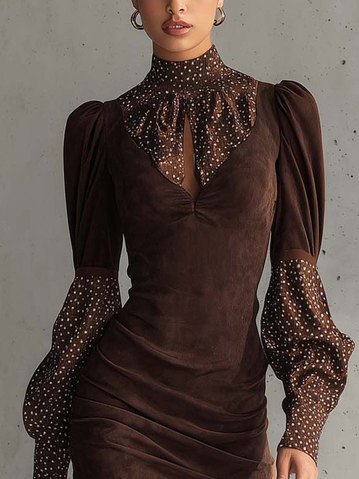 Abito Bodycon in Finta Suede Marrone con Pois in Raso