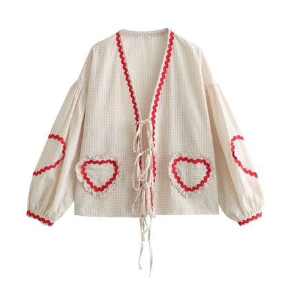 Madelon - Blusa ampia con motivo a cuore vintage 