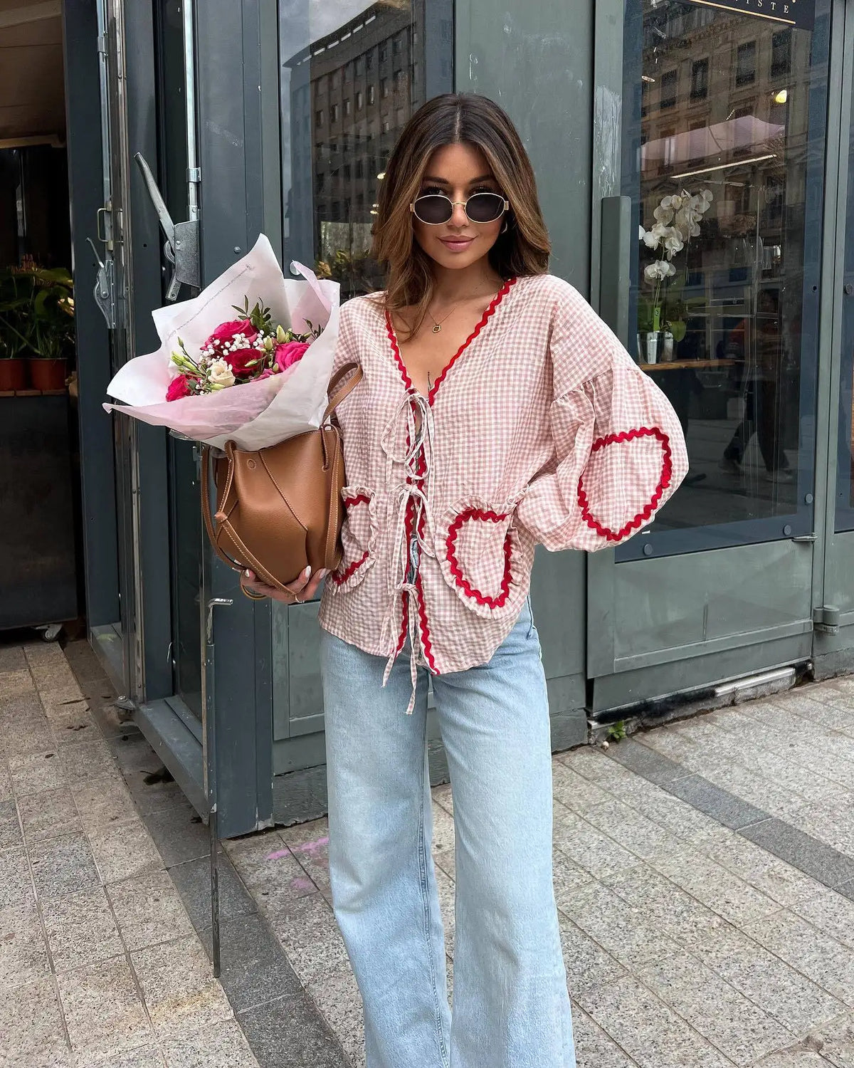 Madelon - Blusa ampia con motivo a cuore vintage 