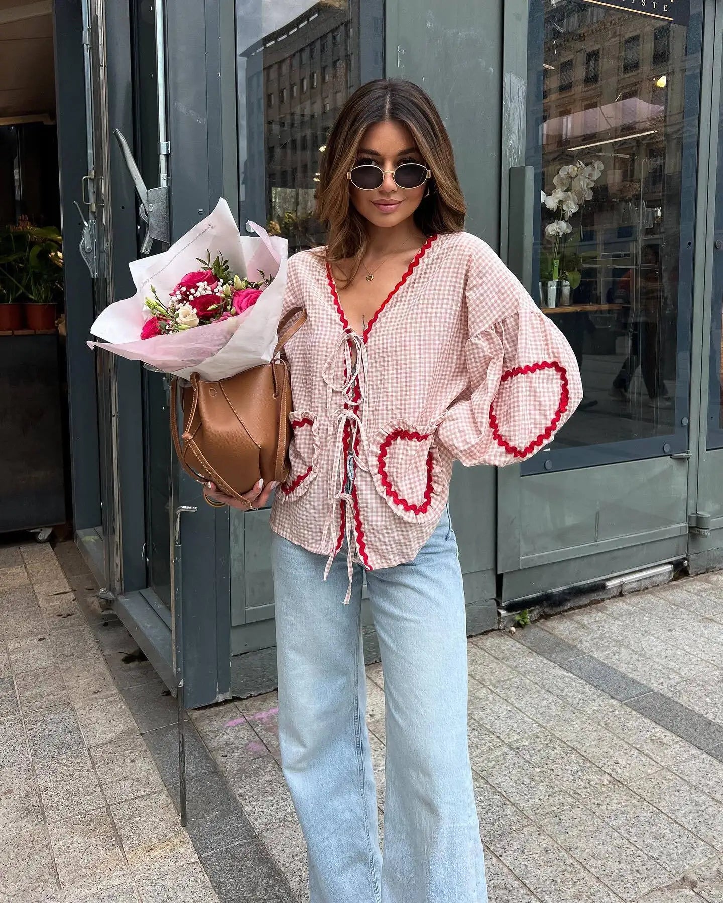 Madelon - Blusa ampia con motivo a cuore vintage 