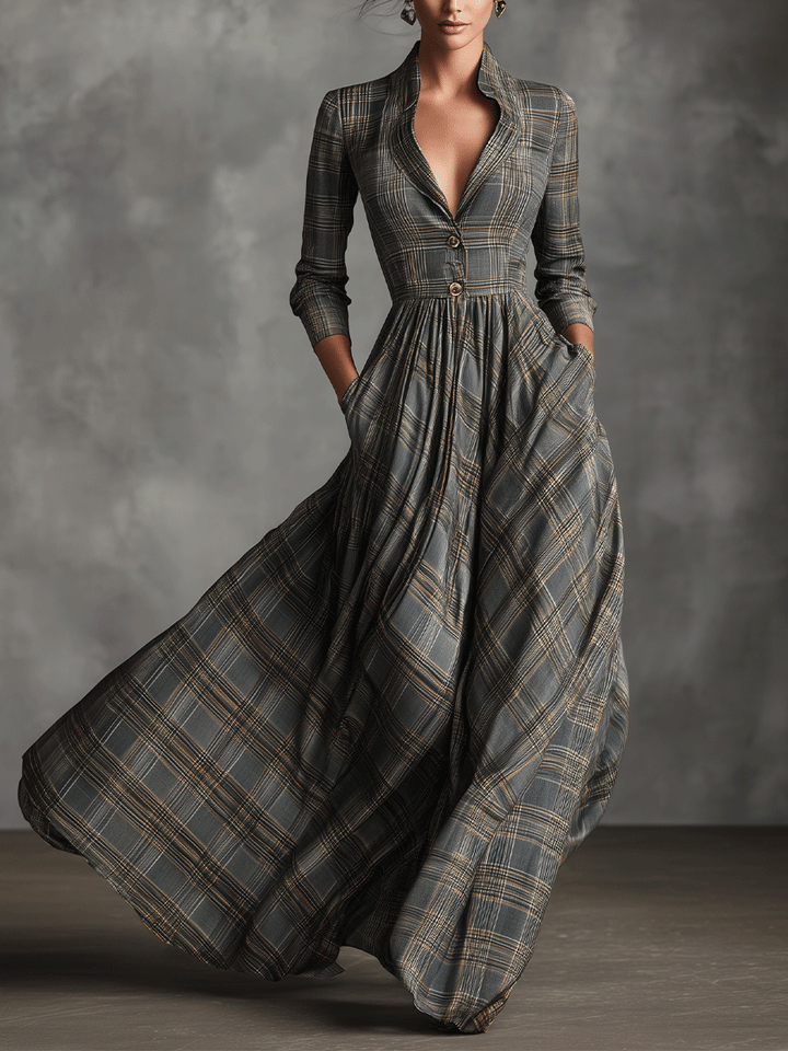 Abito Maxi Flare in Lino Mistoe Grigio con Motivo Tartan per Donna