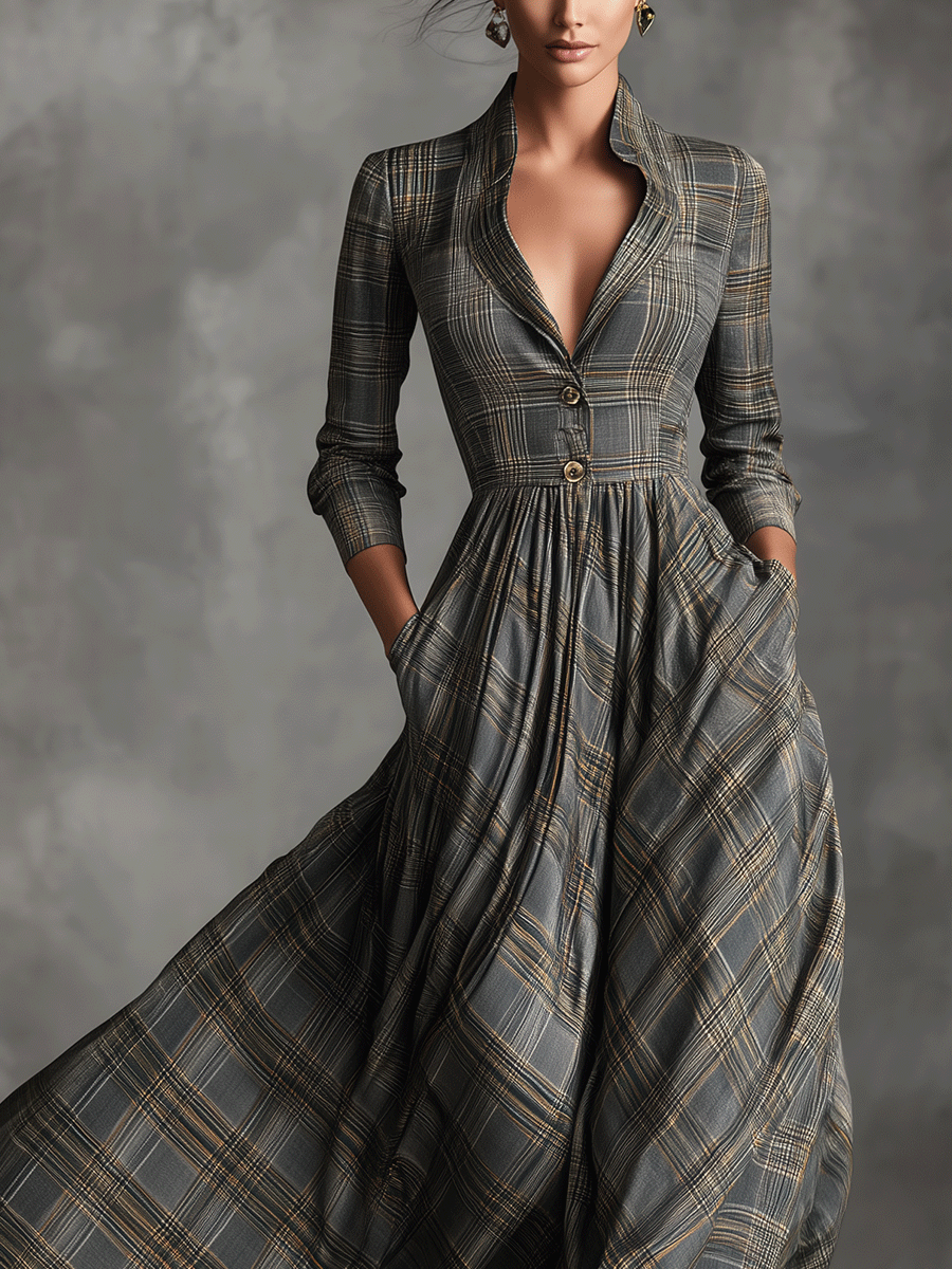 Abito Maxi Flare in Lino Mistoe Grigio con Motivo Tartan per Donna