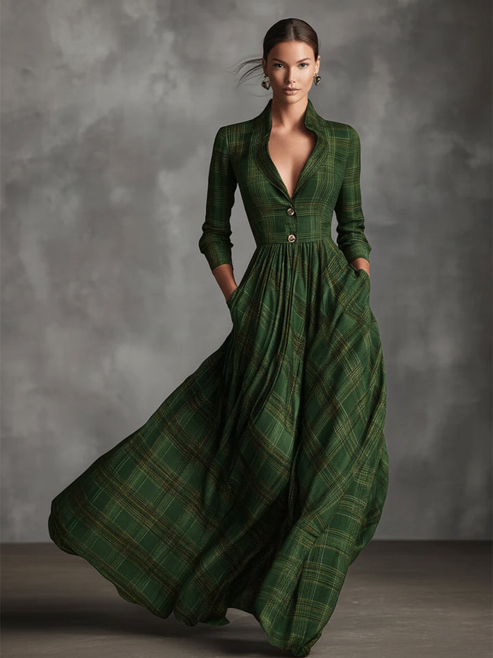 Abito Maxi Flare in Lino Mistoe Grigio con Motivo Tartan per Donna